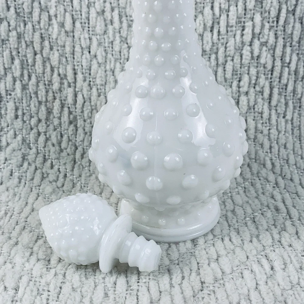 Vintage Hobnail Milk Glass Avon Cologne Bottle Decanter White Floral Flowers EUC